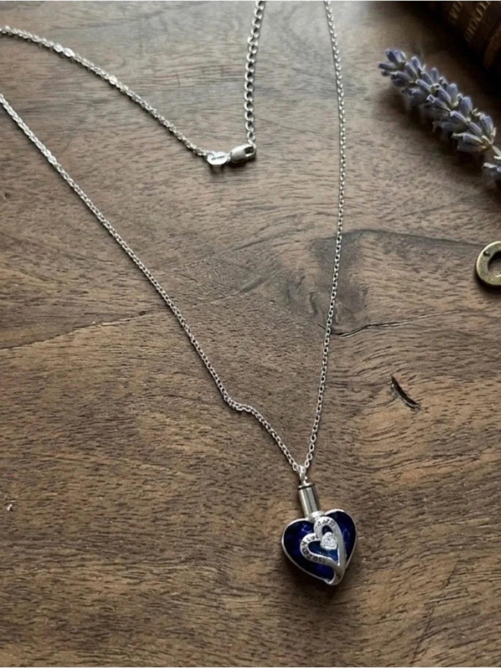 Silver Tone Blue Heart Pendant Necklace with Crystal Accent